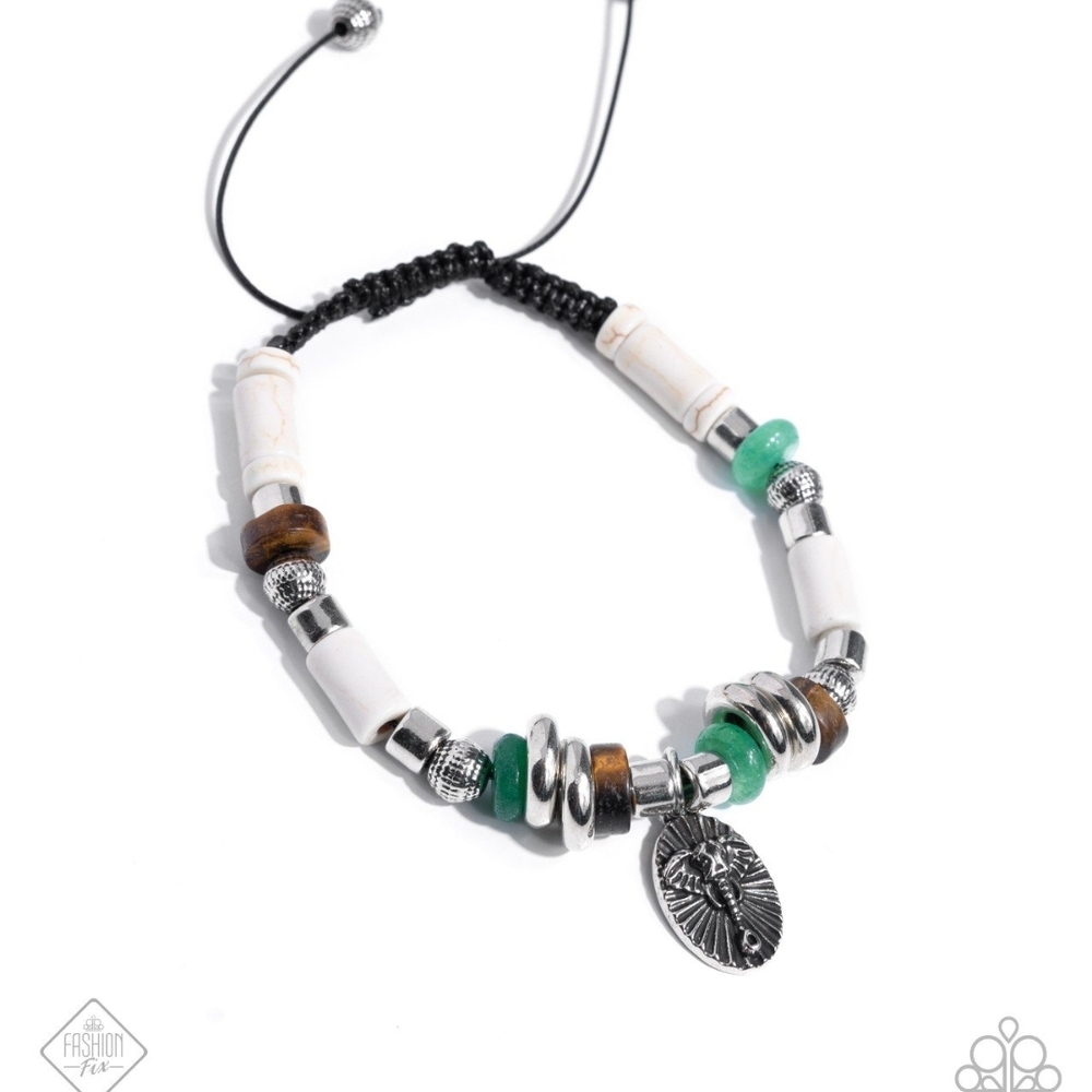Silver and Green Beaded Bracelet with Charm Seasoned Adventurer Multi Charms